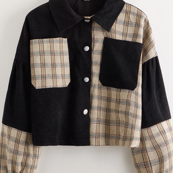 Corduroy plaid puff sleeve boyfriend jacket coat - Picture 7 of 7